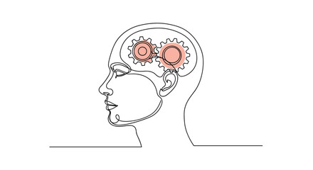 Abstract human head silhouette with interconnected gears illustrating cognitive processes and thought patterns