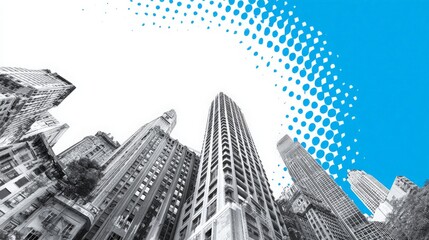 Pop art style cityscape with a black and white architectural photo and a blue halftone dot pattern.