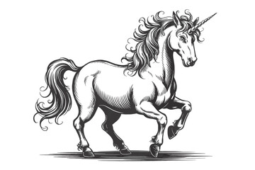 A black and white woodcut illustration of a majestic
unicorn in a dynamic pose