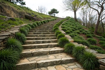 Stone Staircase Ascending a Hillside with Lush Green Grass and Trees