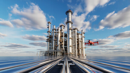 Obraz premium Drone inspects offshore oil rig with reflective pipelines under cloudy sky