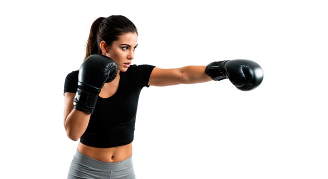 A determined woman throws a powerful punch during her boxing training session.