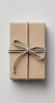 A brown paper gift box is tied with a rustic string bow