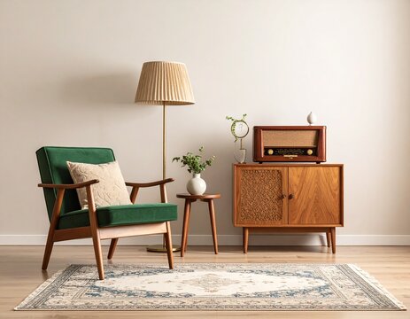 Una sala de estar retro con una radio antigua de madera, un sill&oacute;n tapizado en terciopelo verde oscuro, l&aacute;mpara de pie con pantalla plisada.