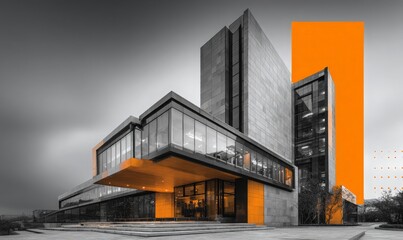 Modern architecture of a corporate office building with selective orange color