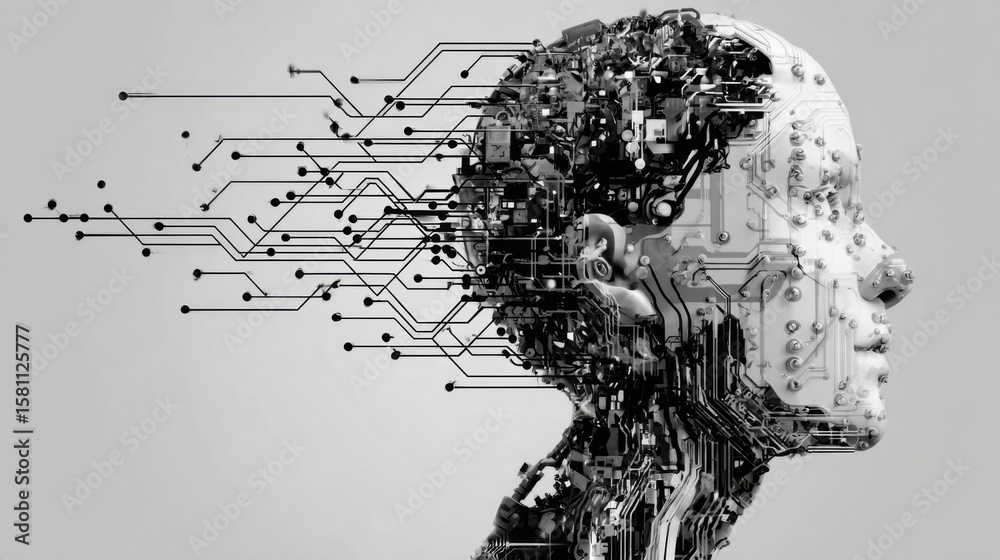 Fototapete A digital representation of a human-like head made of complex circuitry and wires captures the essence of artificial intelligence.