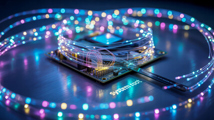 Futuristic circuit board with glowing fiber optic cables and system root text