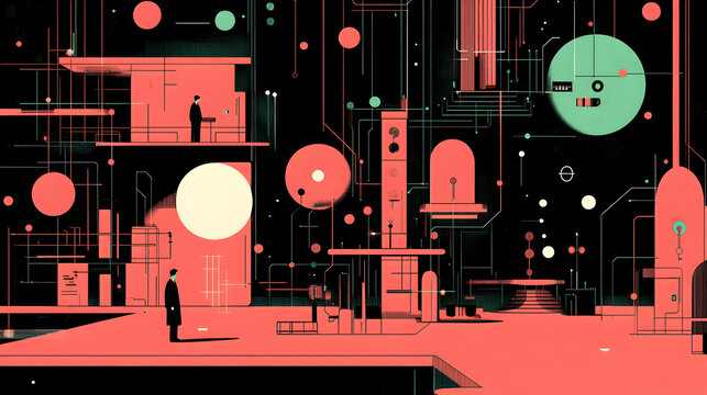 Illustration of two men in a stylized cityscape with geometric shapes and glowing circles.