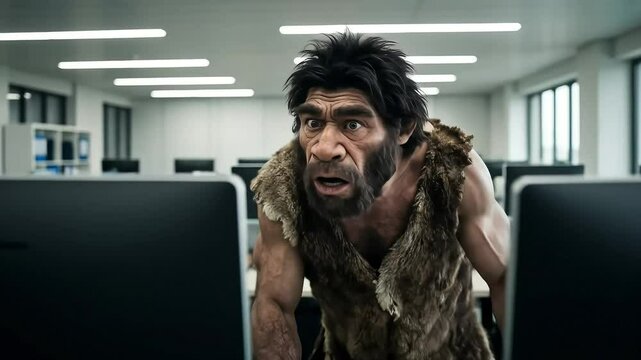 Caveman Surprised by Modern Office Technology and Computer Screens in Bright Office Environment