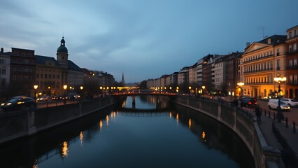 Obraz premium Evening cityscape with streetlights reflecting on a tranquil canal, creating an impressionistic urban glow.