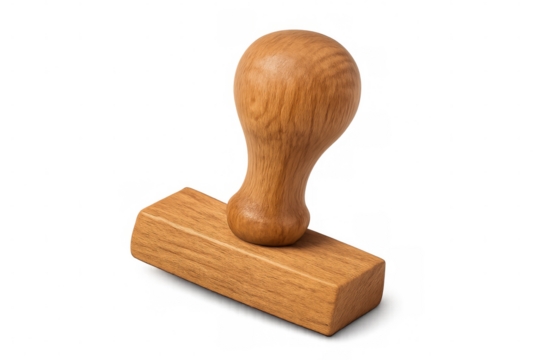 Wooden rubber stamp with a classic handle design, isolated on a transparent background, perfect for business and office themes