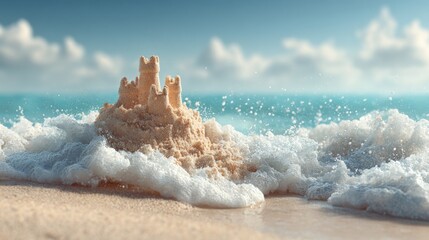 Fototapeta na wymiar A detailed sand castle stands proudly on the shore, surrounded by gentle ocean waves. Soft sunlight illuminates the scene, creating a tranquil beach atmosphere.