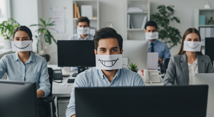 Smiling faces behind computer screens in a modern office.