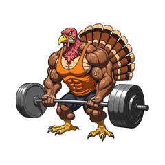 Muscular turkey lifting weights isolated on white background
