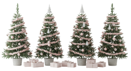 Four exquisitely decorated Christmas trees with light pink and silver spherical ornaments, delicate white tree-shaped ornaments, two in white woven baskets, two on sleek silver stands, against a