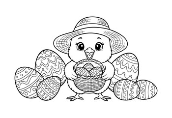 Cartoon chick with easter eggs and hat, isolated on white background