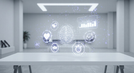 Conceptual illustration of medical icons and a brain hologram floating above a table in a room. 