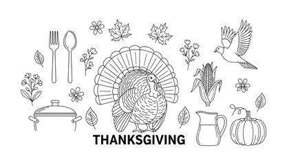 Thanksgiving elements including a turkey, corn, pumpkin, and leaves