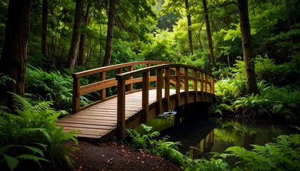 Fototapeta premium Lush forest bridge over tranquil water