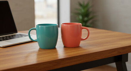 Fototapeta premium Two colorful mugs on a wooden desk, side by side. 