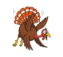 A funny cartoon turkey with bright colors running with its tail feathers spread