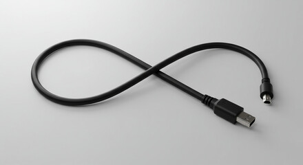 A black USB cable arranged in the shape of infinity. 