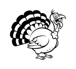 A surprised cartoon turkey with its mouth open and tail feathers fanned out