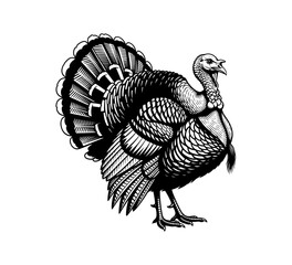 Detailed vintage illustration of a proud turkey with fanned tail feathers