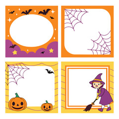 Four halloween themed frames with bats, stars, spiderwebs, pumpkins, and a witch sweeping with a broom