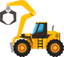 Powerful yellow forestry machine with an open claw manipulating wood logs, showcasing its strength and efficiency in a side view against a clean white background