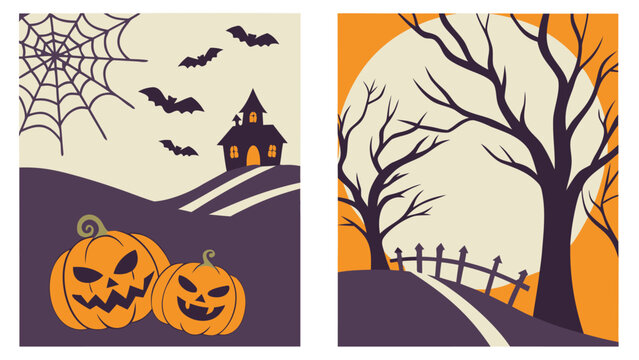 Two halloween themed illustrations with pumpkins, bats, haunted house, trees and full moon landscape