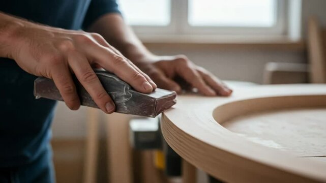 Close-up of hands sanding a wooden surface in a furniture workshop. The detailed motion highlights craftsmanship, care, and texture. Ideal for woodworking, furniture design, and artisan content. Photo