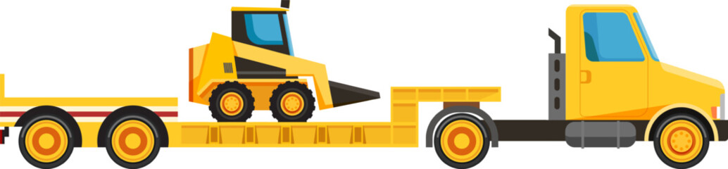 Yellow truck transporting heavy machinery on a lowboy trailer, illustrating essential construction logistics and efficient equipment transportation for various industrial applications