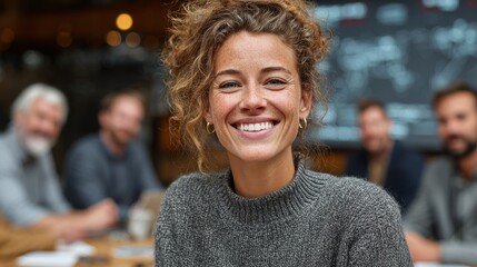 Confident businesswoman smiling during corporate meeting, leadership and inclusion concept, diverse team in background, young woman presenting at business table in modern office setting