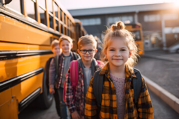 Elementary School Students Arriving At School Near A Big Yellow Bus