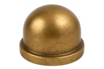 Polished brass architectural dome with sleek surface, circular base, mounted on clear backdrop for graphic design flexibility