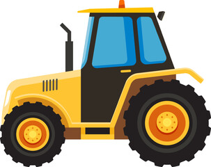 Modern yellow and black tractor with large wheels and exhaust pipe shown in profile view, isolated on a white background, perfect for agricultural or industrial themes
