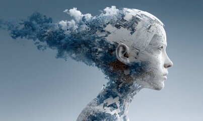 Digital transformation and disruptive innovation, with a futuristic android breaking apart into particles