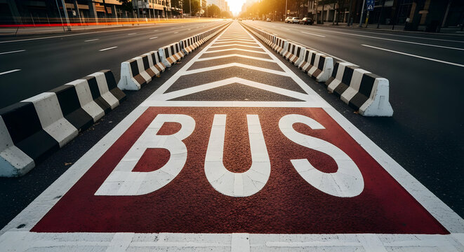 Bus lane on a city street with barriers marking the dedicated route at dawn or dusk