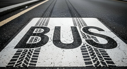 Bus lane pavement marking on asphalt surface with tire tracks indicating heavy traffic use