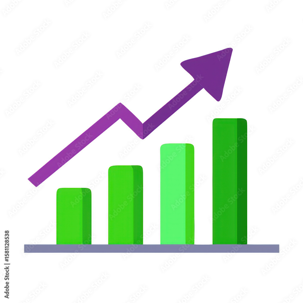 Poster growing bar chart with arrow pointing up on transparent background