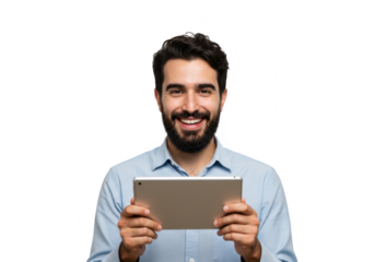 Smiling man holding tablet on transparent background