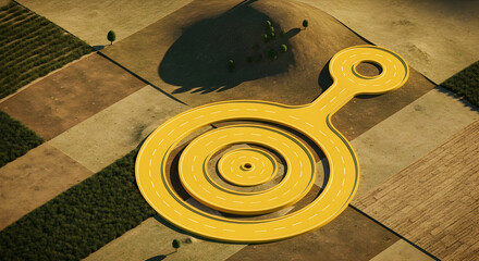 Conceptual aerial view of a stylized yellow road system crossing a rural landscape