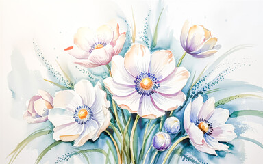 Watercolor painting of white anemone flowers with blue centers 1