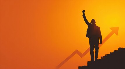 Against a vibrant sunset, an individual stands triumphant on stairs, fist raised in celebration. An upward arrow symbolizes progress, hinting at achievement and striving for goals.