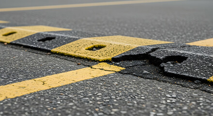 Close Up Of Street Speed Bump With Yellow Crosswalk Marking Asphalt Road