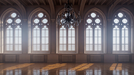 Grand gothic hall with ornate windows and sunlight patterns