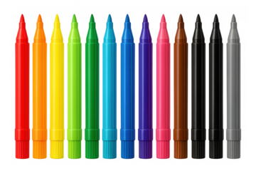 Twelve vibrant crayons lying side by side, revealing rainbow-like color palette against clean transparent surface