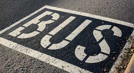 Close up of white bus sign on asphalt road reflecting sunlight showcasing public transportation infrastructure marking on the street