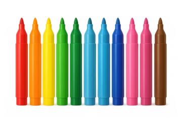 Colorful markers lined up, spanning vibrant spectrum from fiery red to warm brown, resting against clean transparent backdrop